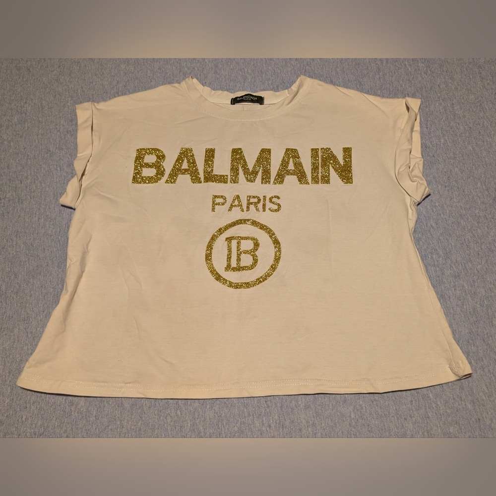 Balenciaga Balmain Paris White Gold Sparkle Crop Top Shirt